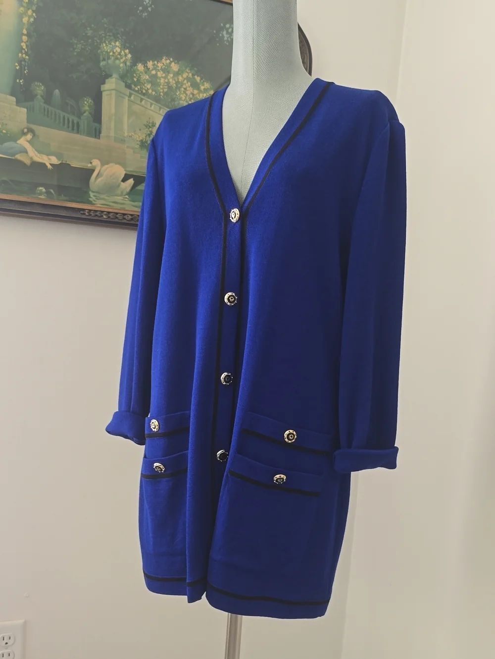 ST. JOHN | Long Button Cardigan with Black Trim
